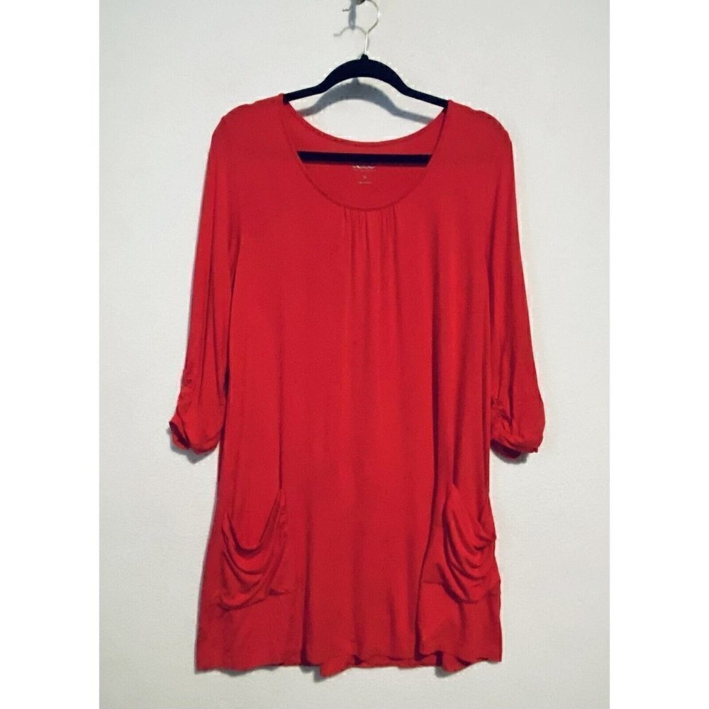 LOGO By Lori Goldstein Tunic Top Womens Medium Scoop Neck Ruched Sleeve Pockets